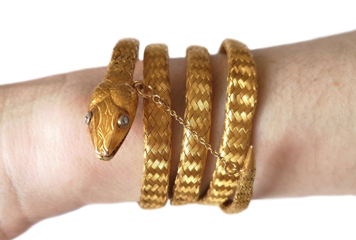 Antique Etruscan Revival Victorian French 22k Gold Coiled Woven Snake Bracelet - Bloomsbury Manor Ltd
