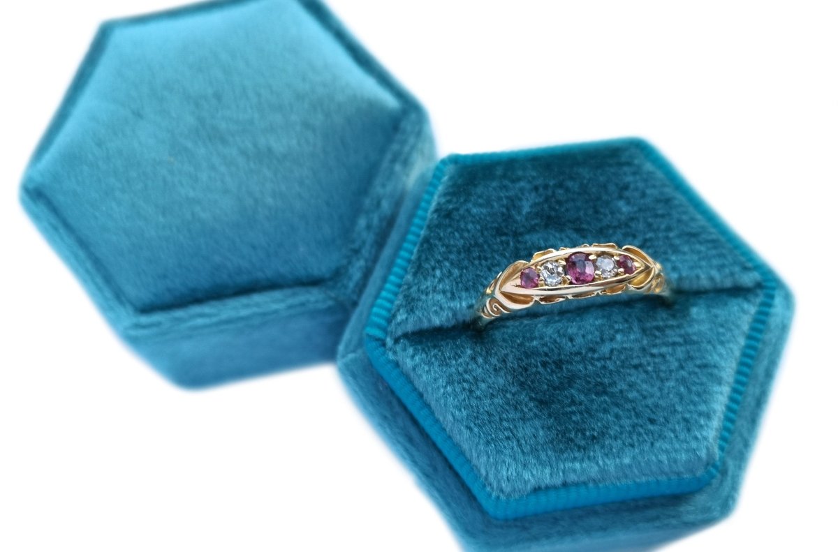 Antique Victorian 1899 Ruby & Old Cut Diamond 18K Engagement Ring - Bloomsbury Manor Ltd