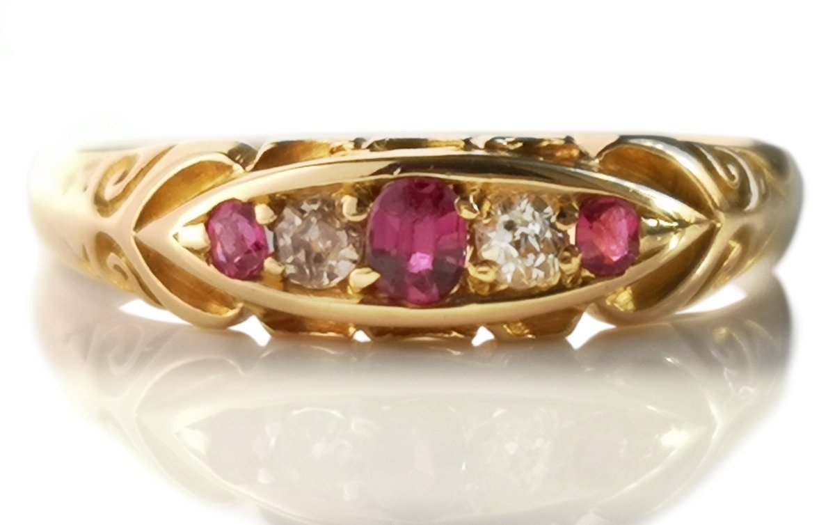 Antique Victorian 1899 Ruby & Old Cut Diamond 18K Engagement Ring - Bloomsbury Manor Ltd