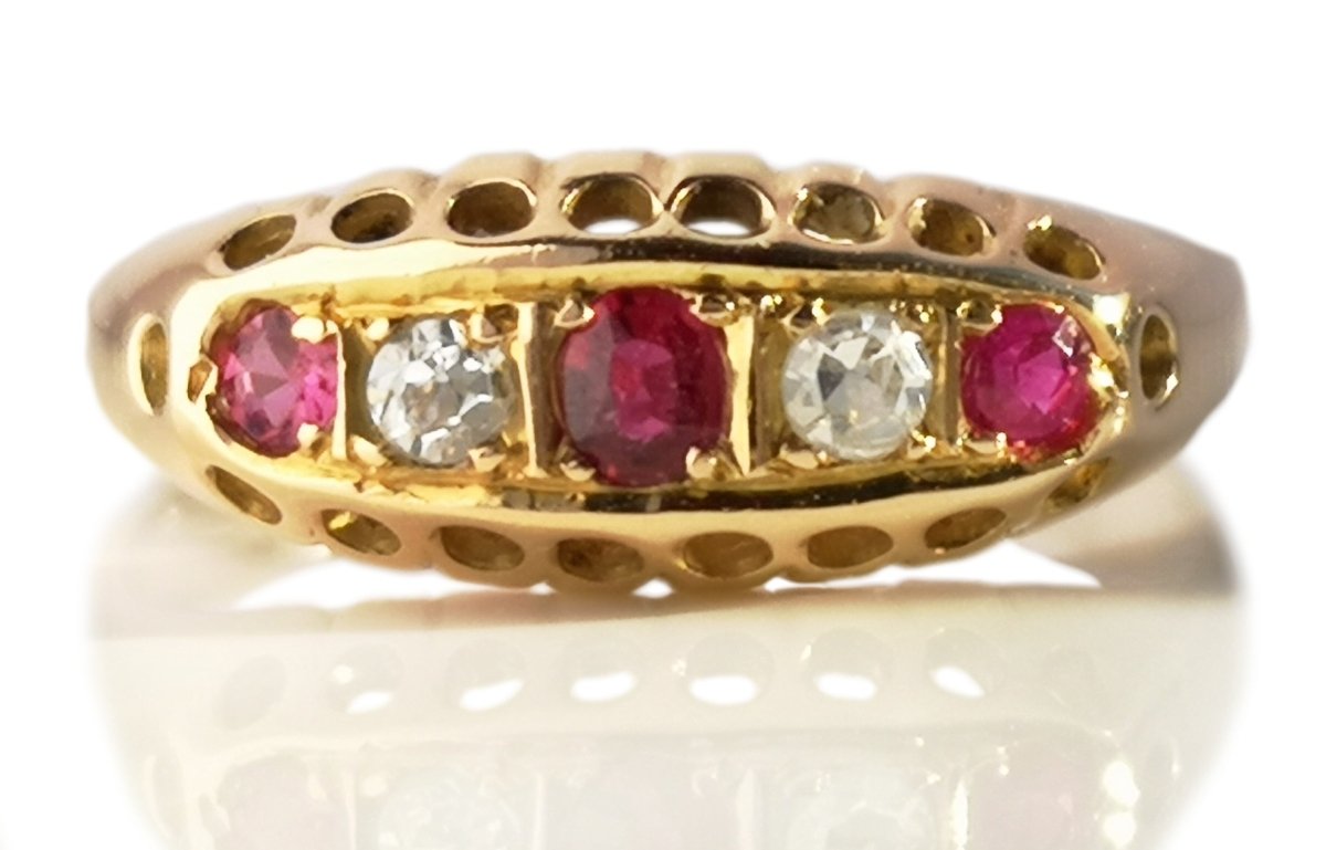 Antique Victorian 5 Stone Ruby Old Cut Diamond Engagement Ring 18k Gold - Bloomsbury Manor Ltd