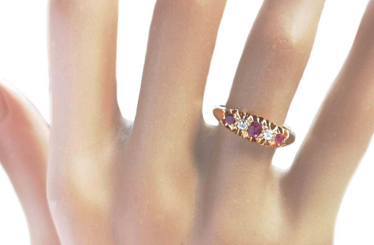Antique Victorian 5 Stone Ruby & Old Cut Diamond Engagement Ring - Bloomsbury Manor Ltd