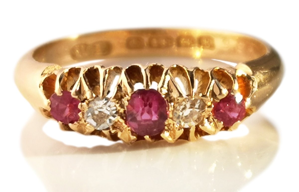 Antique Victorian 5 Stone Ruby & Old Cut Diamond Engagement Ring - Bloomsbury Manor Ltd