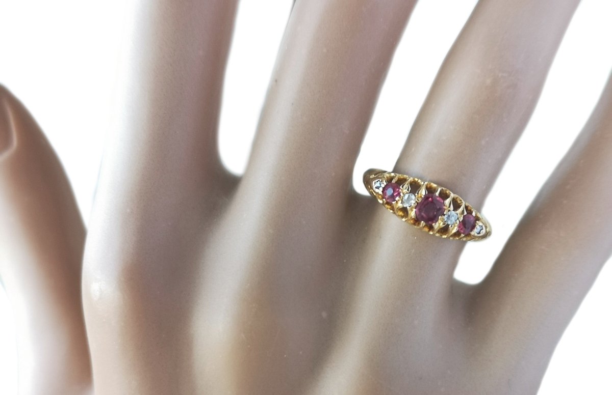 Antique Victorian 7 stone .28tcw Ruby & Old Cut Diamond 18k Engagement Ring - Bloomsbury Manor Ltd