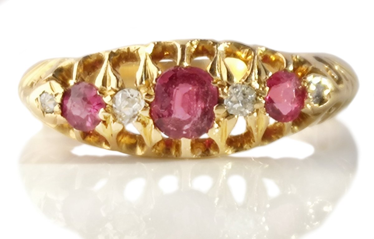 Antique Victorian 7 stone .28tcw Ruby & Old Cut Diamond 18k Engagement Ring - Bloomsbury Manor Ltd