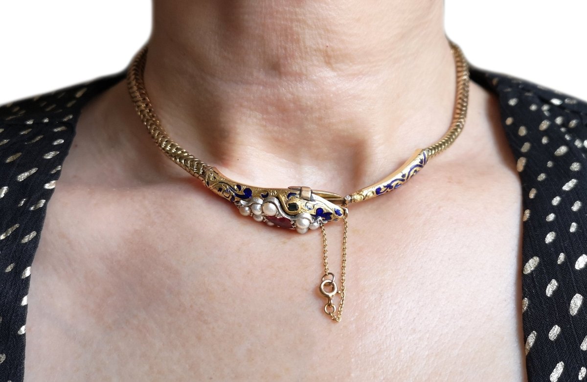 Antique Victorian Blue Enamel Ruby & Pearl 14k Gold Snake Necklace - Bloomsbury Manor Ltd