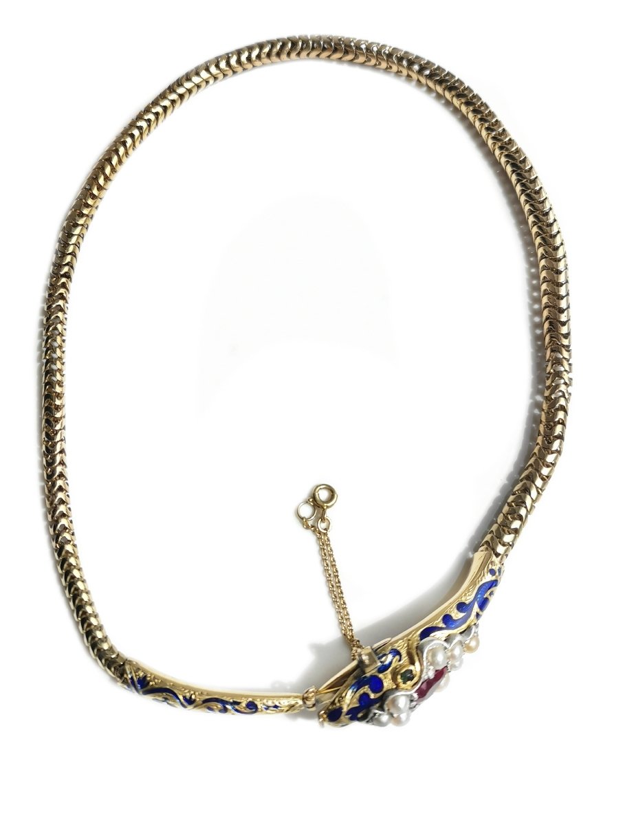 Antique Victorian Blue Enamel Ruby & Pearl 14k Gold Snake Necklace - Bloomsbury Manor Ltd
