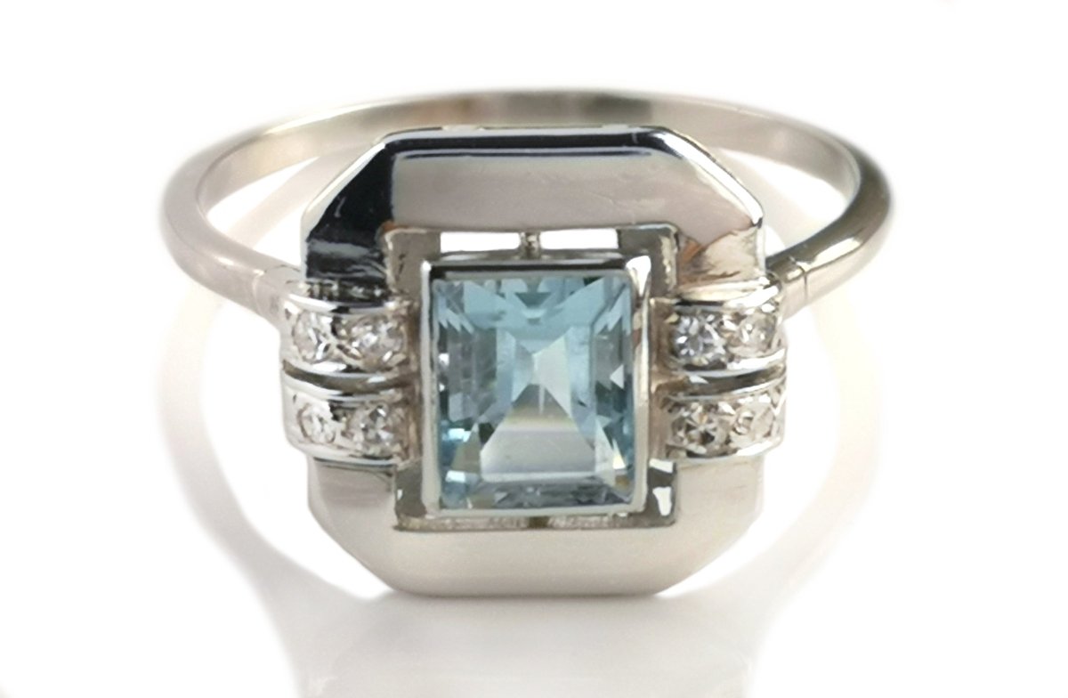 Art Deco 0.80ct Aquamarine Old Cut Diamond Engagement or Dress Ring - Bloomsbury Manor Ltd
