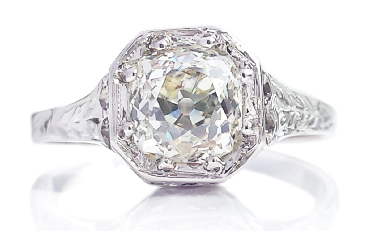 Art Deco 1.41ct L/SI2 Old Cushion Cut Diamond Engagement Ring - Bloomsbury Manor Ltd