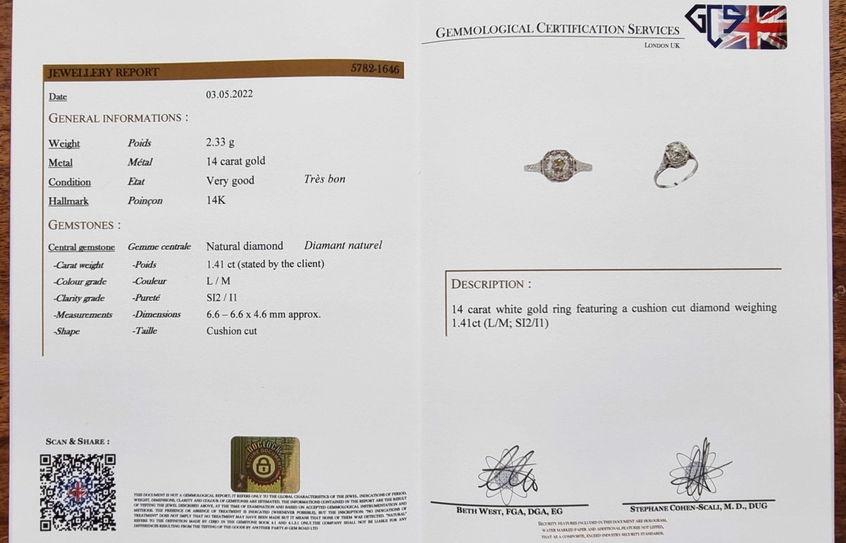 Art Deco 1.41ct L/SI2 Old Cushion Cut Diamond Engagement Ring - Bloomsbury Manor Ltd