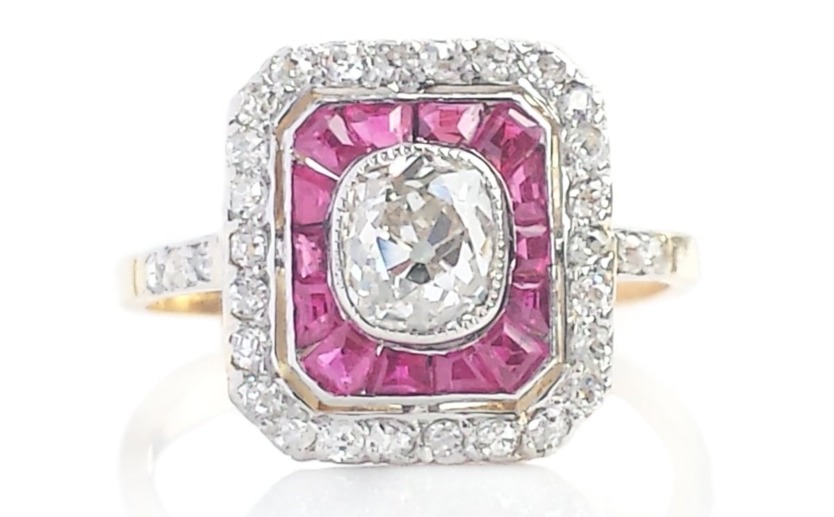 Art Deco Antique Ruby 1ct Old Cushion Cut Diamond Target Plaque Engagement Ring - Bloomsbury Manor Ltd