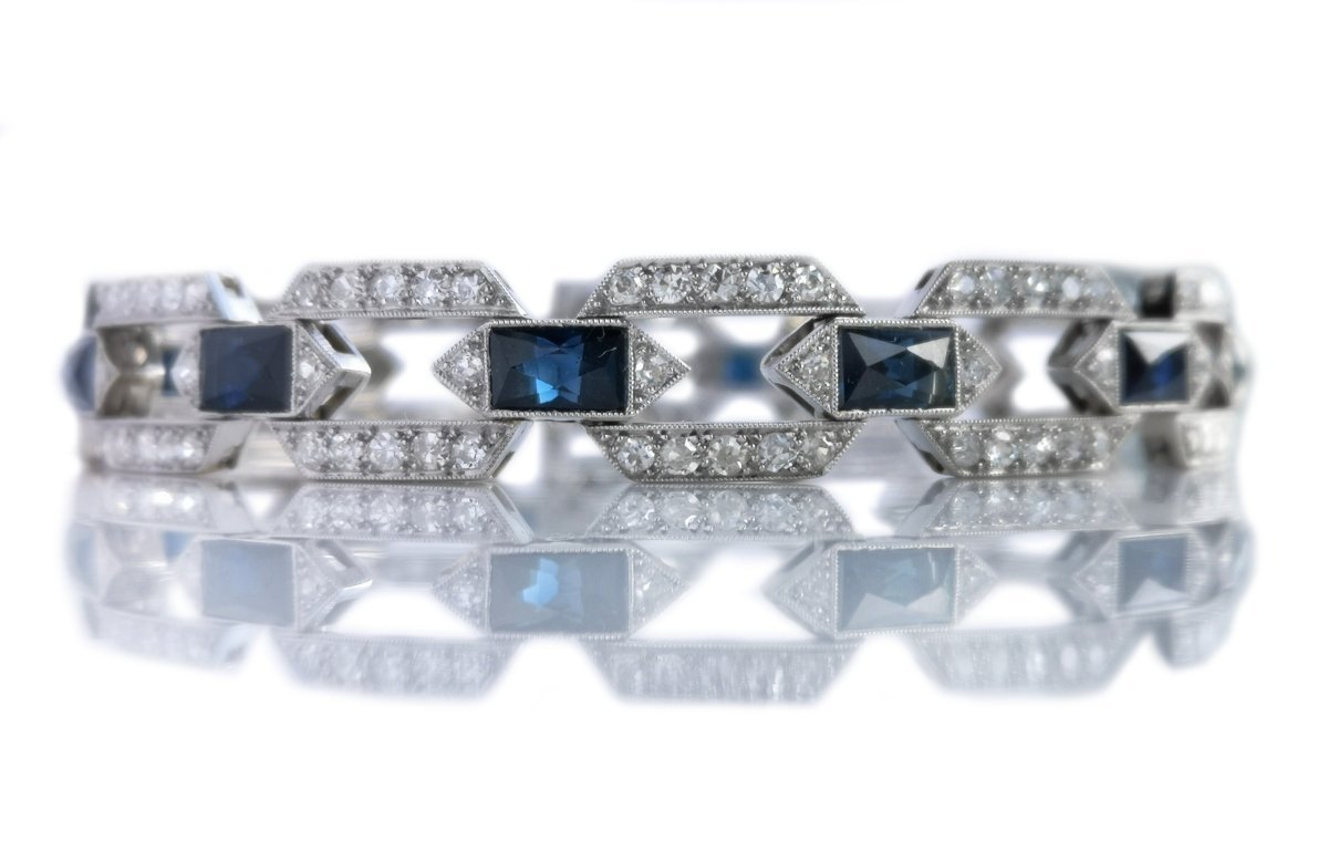 Art Deco Style Old Cut 3.84ct Diamond 6ct Sapphire Platinum Bracelet - Bloomsbury Manor Ltd