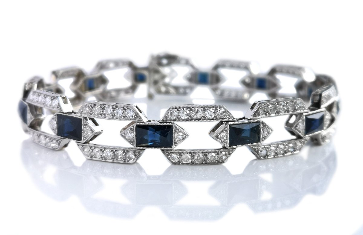 Art Deco Style Old Cut 3.84ct Diamond 6ct Sapphire Platinum Bracelet - Bloomsbury Manor Ltd