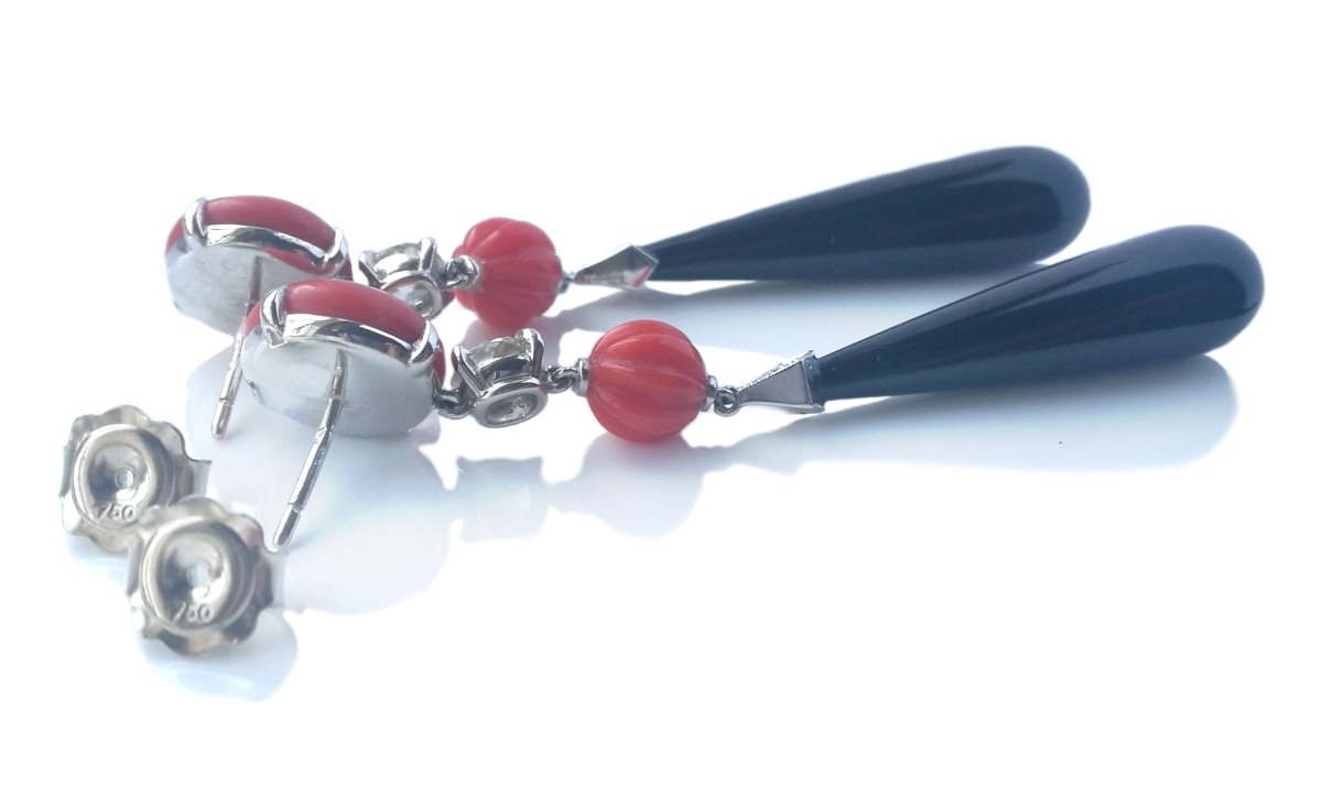 Art Deco Style Vintage Diamond, 18k Gold, Onyx & Coral Pendant Earrings - Bloomsbury Manor Ltd