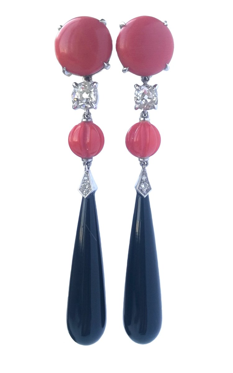 Art Deco Style Vintage Diamond, 18k Gold, Onyx & Coral Pendant Earrings - Bloomsbury Manor Ltd