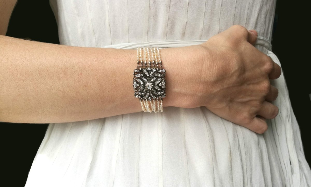 Belle Epoque Natural Seed Pearl, 2.50ct Old Cut Diamond, Blackened Silver Bracelet - Bloomsbury Manor Ltd