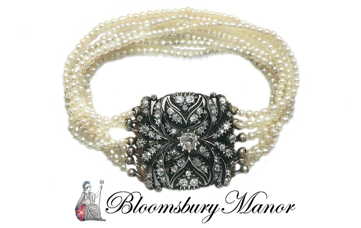 Belle Epoque Natural Seed Pearl, 2.50ct Old Cut Diamond, Blackened Silver Bracelet - Bloomsbury Manor Ltd
