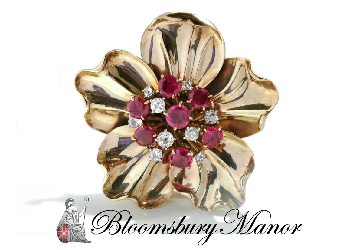 Cartier 1950s 2.5ct Burmese Ruby .50ct Old Cut Diamond Flower Brooch - Bloomsbury Manor Ltd