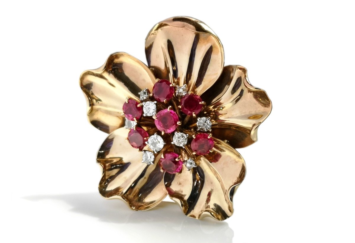 Cartier 1950s 2.5ct Burmese Ruby .50ct Old Cut Diamond Flower Brooch - Bloomsbury Manor Ltd
