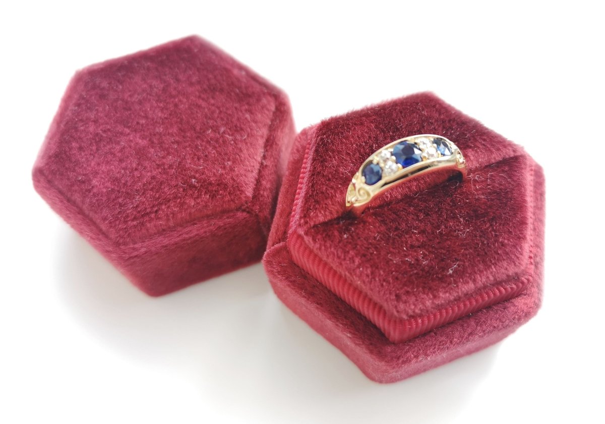 English Victorian 1888 .75ct Sapphire Old Cut Diamond 18k Gold Ring - Bloomsbury Manor Ltd