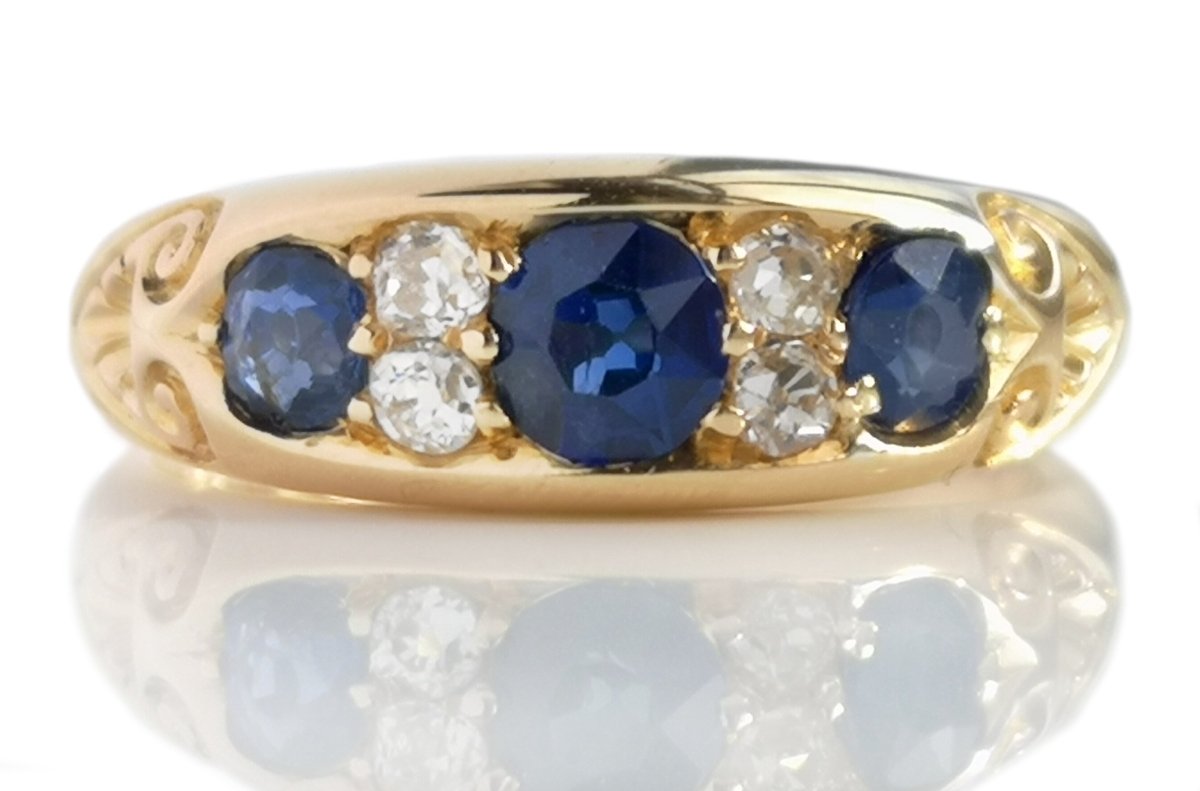 English Victorian 1888 .75ct Sapphire Old Cut Diamond 18k Gold Ring - Bloomsbury Manor Ltd