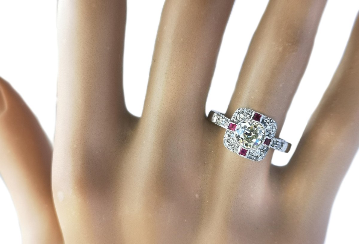 French Art Deco 0.90ct J/VS Old Cut Diamond & Ruby Target Engagement Ring - Bloomsbury Manor Ltd