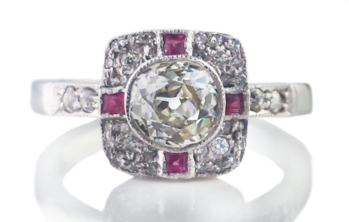 French Art Deco 0.90ct J/VS Old Cut Diamond & Ruby Target Engagement Ring - Bloomsbury Manor Ltd