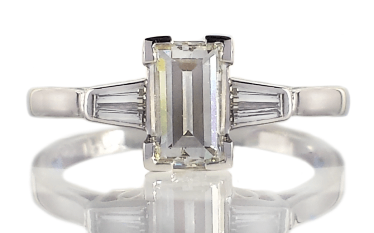Mid - century 1.01tcw K/SI1 Emerald & Tapered Baguette Cut Diamond Engagement Ring - Bloomsbury Manor Ltd
