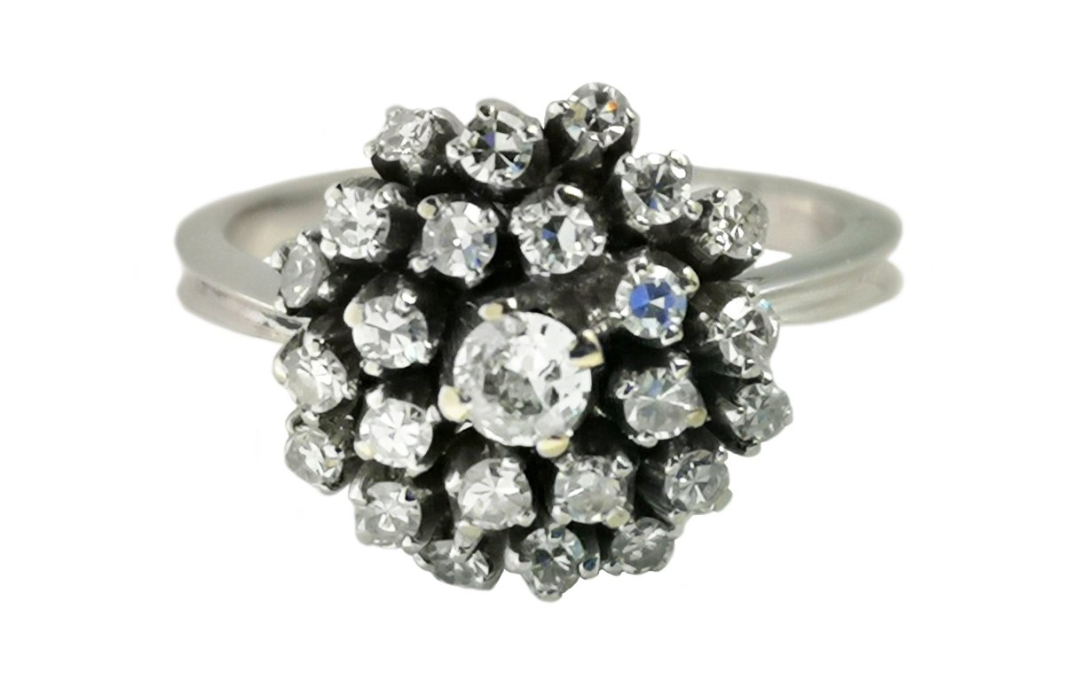 Mid Century 1950s 0.50ct Old Cut & 8/8 Diamond 19k White Gold Cluster Ring - Bloomsbury Manor Ltd