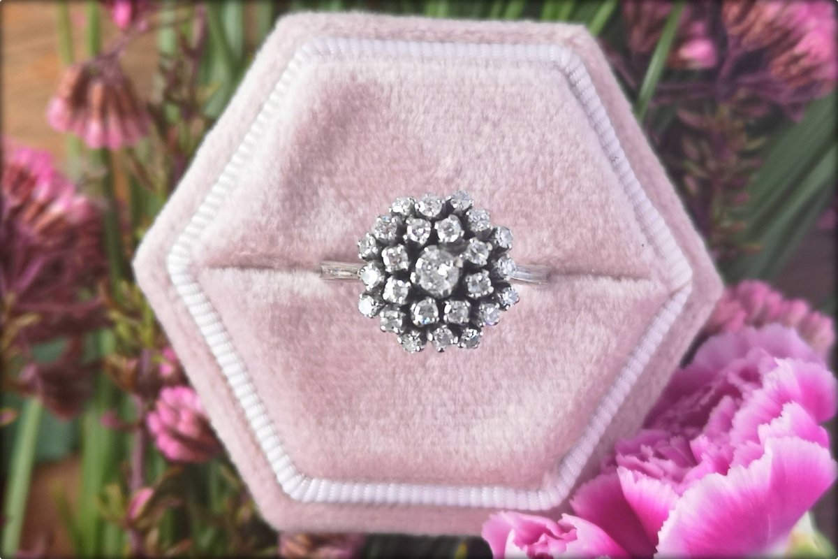 Mid Century 1950s 0.50ct Old Cut & 8/8 Diamond 19k White Gold Cluster Ring - Bloomsbury Manor Ltd