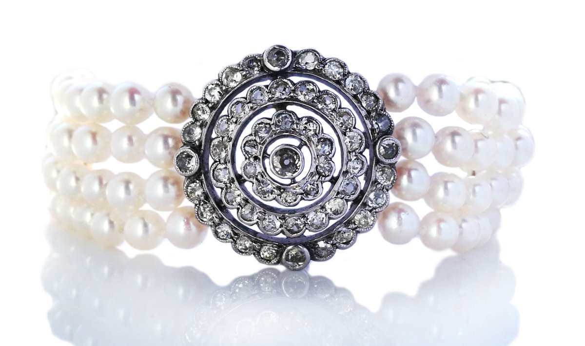 Old Cut Diamond 1.70ct Edwardian/Modern Diamond Cultured Pearl Bracelet - Bloomsbury Manor Ltd