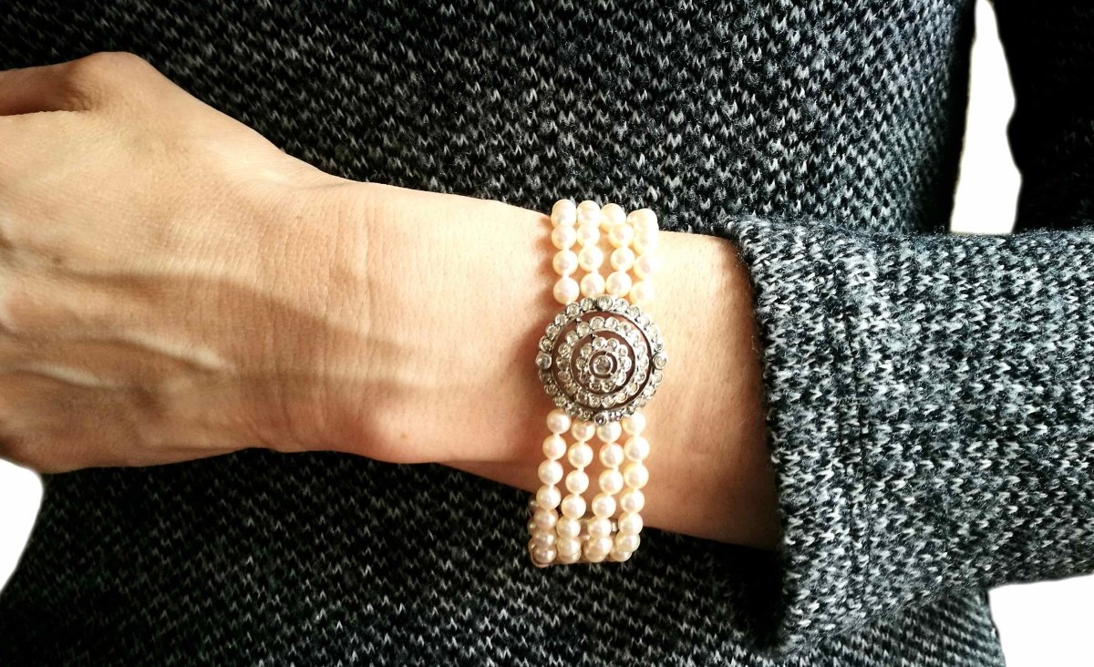 Old Cut Diamond 1.70ct Edwardian/Modern Diamond Cultured Pearl Bracelet - Bloomsbury Manor Ltd