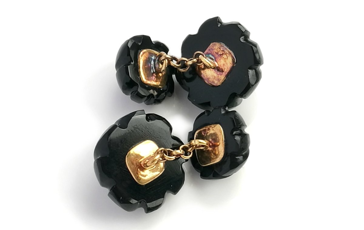 Original Art Deco Onyx Emerald Flower Men's Cufflinks - Bloomsbury Manor Ltd