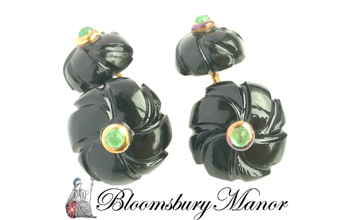 Original Art Deco Onyx Emerald Flower Men's Cufflinks - Bloomsbury Manor Ltd