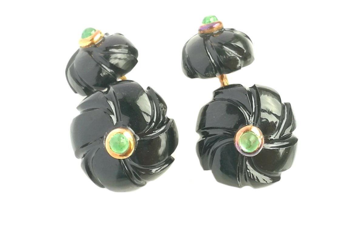 Original Art Deco Onyx Emerald Flower Men's Cufflinks - Bloomsbury Manor Ltd