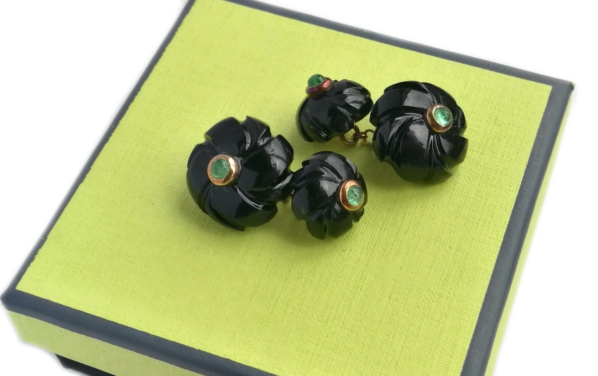 Original Art Deco Onyx Emerald Flower Men's Cufflinks - Bloomsbury Manor Ltd