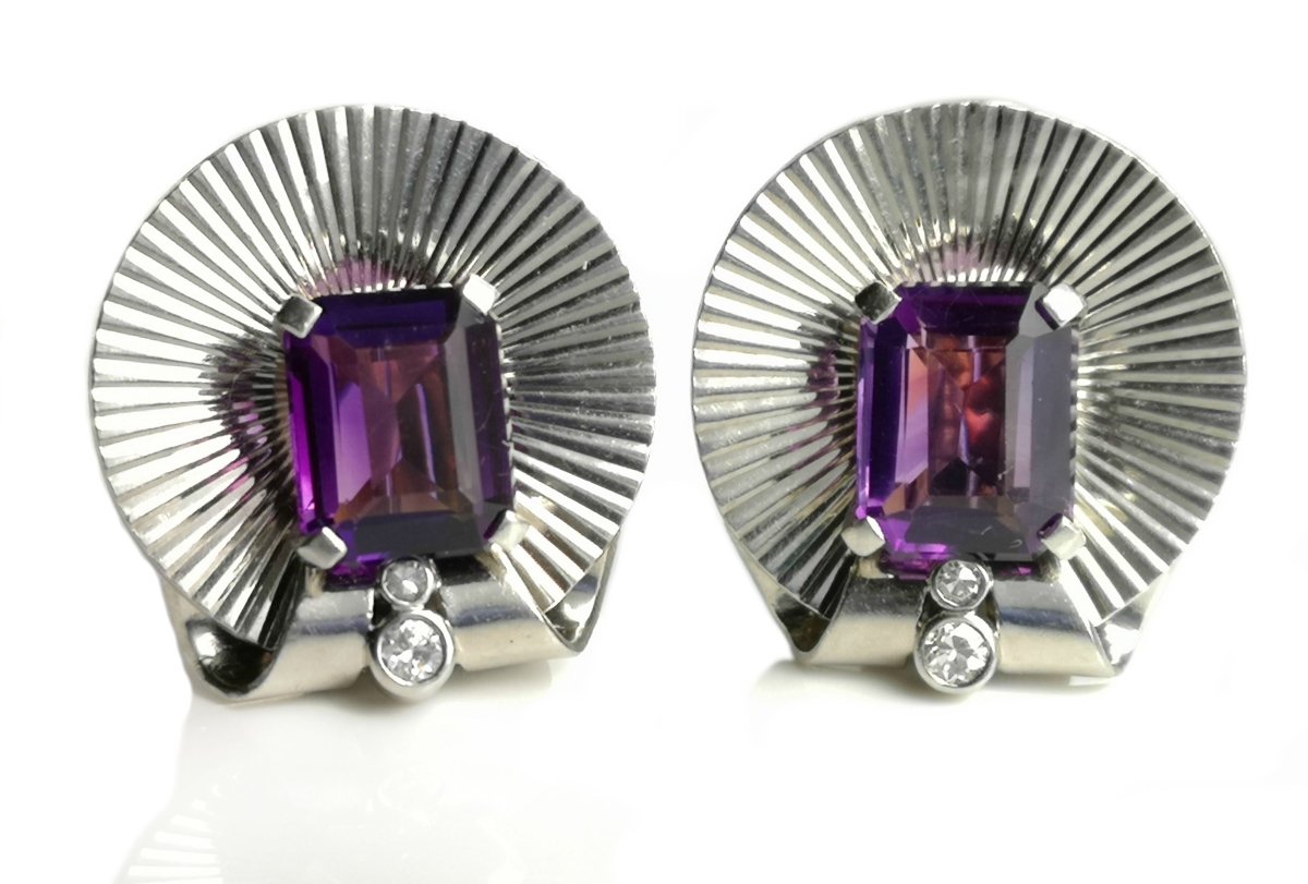 Retro 1945 Tiffany & Co Palladium Amethyst Diamond Earrings - Bloomsbury Manor Ltd