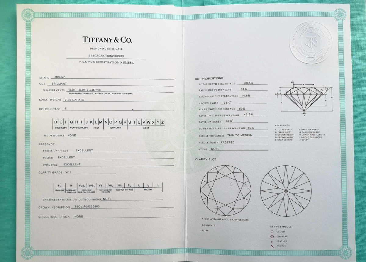 Tiffany & Co. 2.56ct E/VS1 Triple XXX Round Brilliant Cut Diamond Engagement Ring - Bloomsbury Manor Ltd