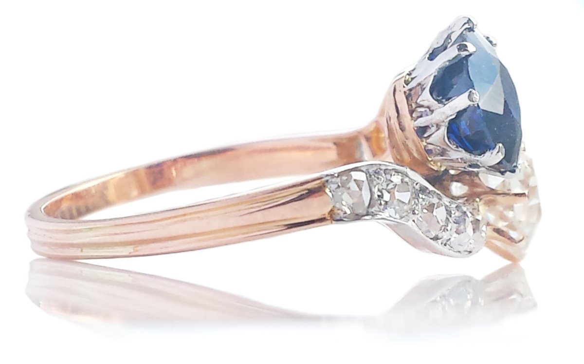 Victorian / Edwardian 2.49tcw Toi et Moi Crossover Old Cushion Cut Diamond & Sapphire 18k Ring - Bloomsbury Manor Ltd