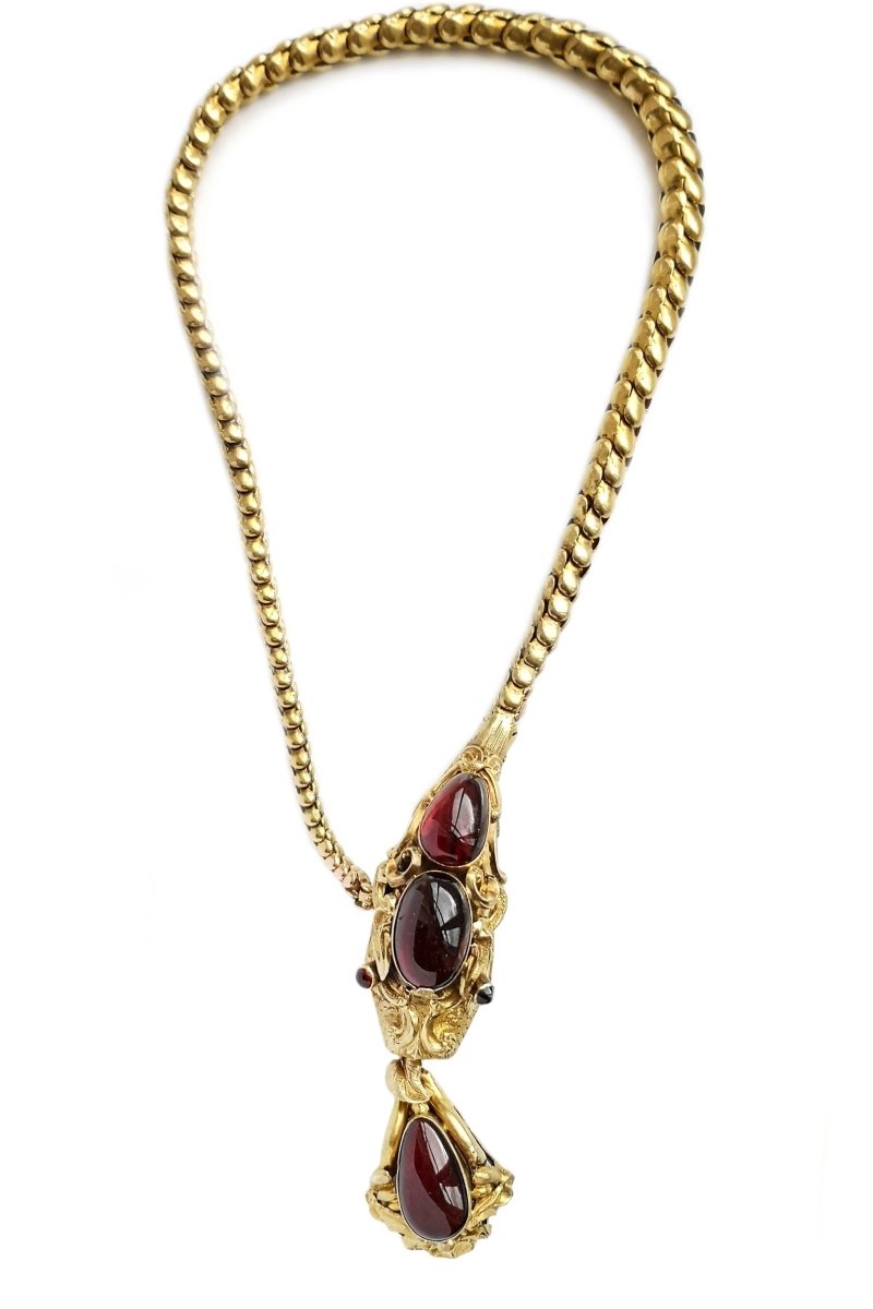 Victorian Snake / Serpent Necklace in 18k Gold set with Garnets - Bloomsbury Manor Ltd