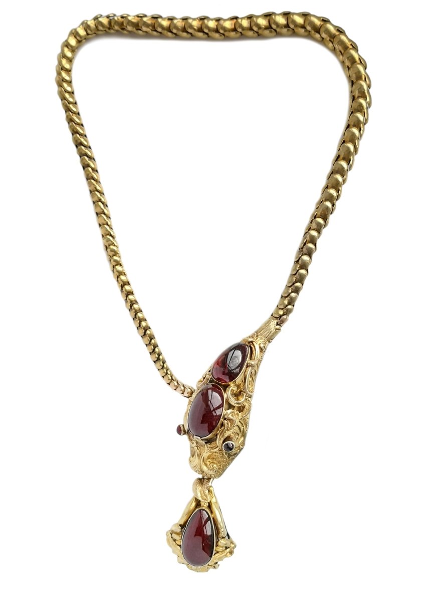 Victorian Snake / Serpent Necklace in 18k Gold set with Garnets - Bloomsbury Manor Ltd