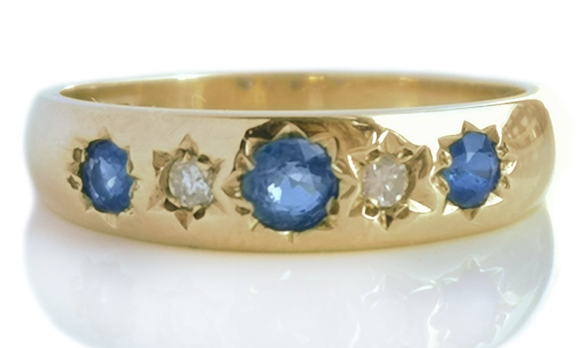 Victorian Style 1993 Sapphire Diamond 9ct Gold Ring - Bloomsbury Manor Ltd