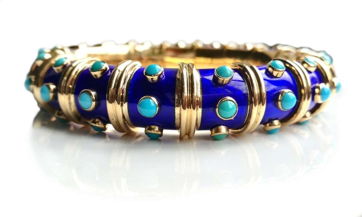Vintage 1960s Tiffany & Co. Schlumberger Turquoise & Blue Paillonne Enamel Bracelet - Bloomsbury Manor Ltd