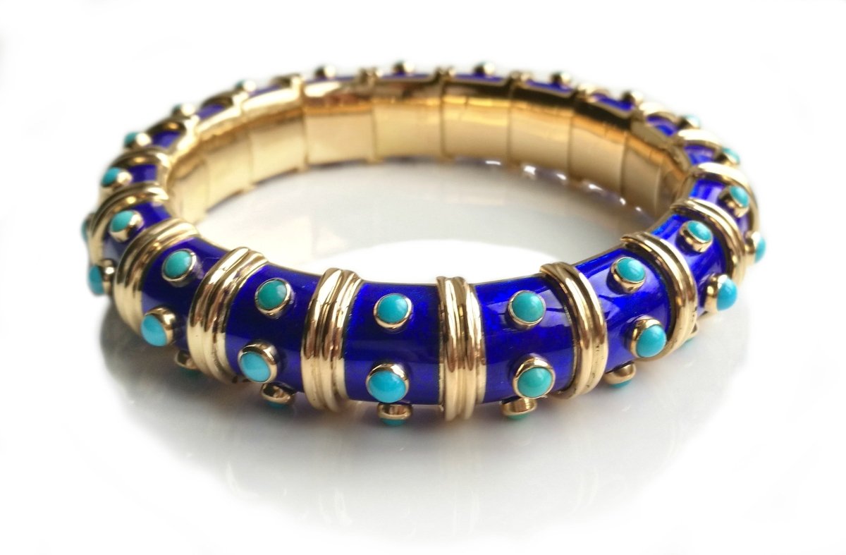 Vintage 1960s Tiffany & Co. Schlumberger Turquoise & Blue Paillonne Enamel Bracelet - Bloomsbury Manor Ltd