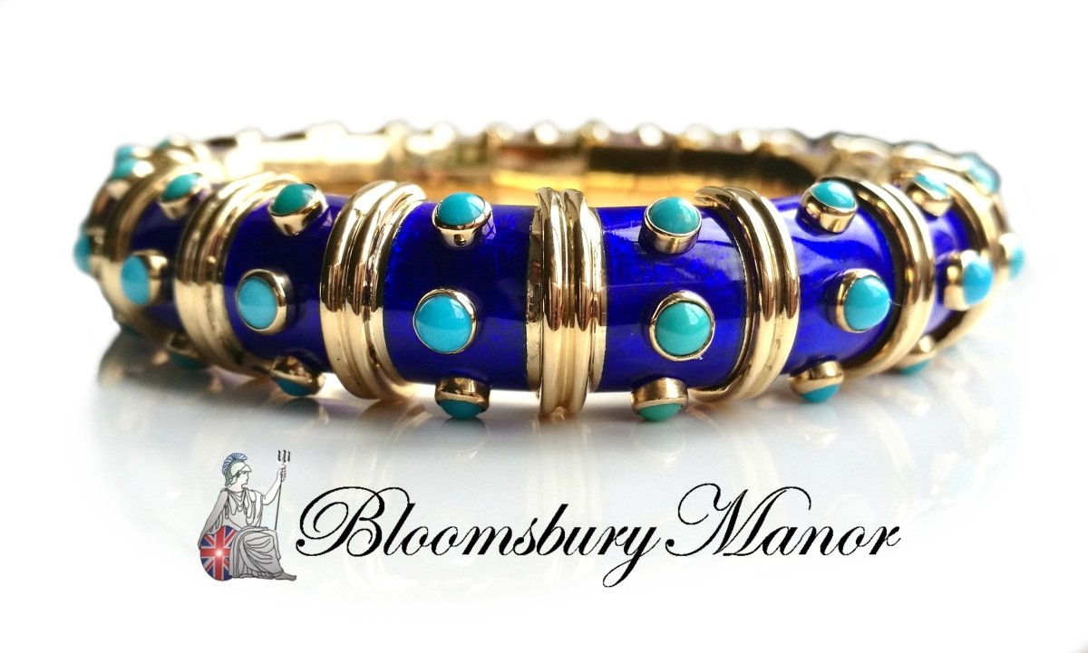 Vintage 1960s Tiffany & Co. Schlumberger Turquoise & Blue Paillonne Enamel Bracelet - Bloomsbury Manor Ltd