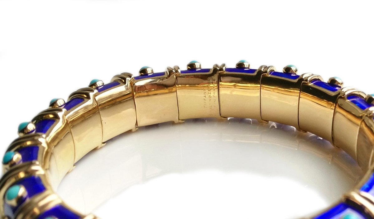 Vintage 1960s Tiffany & Co. Schlumberger Turquoise & Blue Paillonne Enamel Bracelet - Bloomsbury Manor Ltd