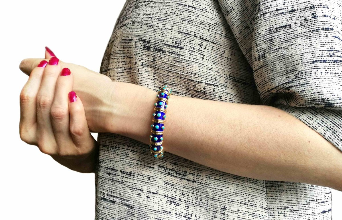 Vintage 1960s Tiffany & Co. Schlumberger Turquoise & Blue Paillonne Enamel Bracelet - Bloomsbury Manor Ltd