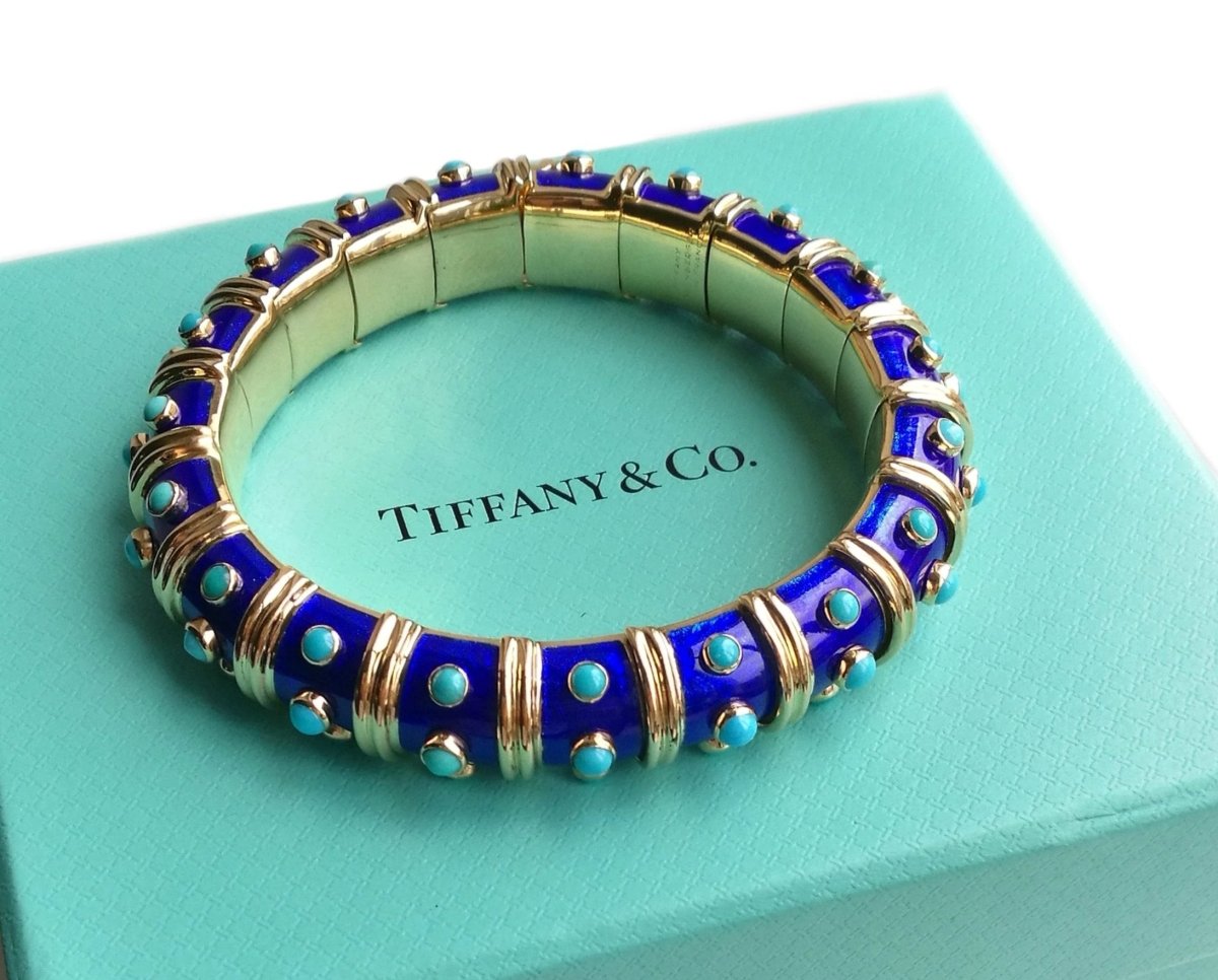 Vintage 1960s Tiffany & Co. Schlumberger Turquoise & Blue Paillonne Enamel Bracelet - Bloomsbury Manor Ltd