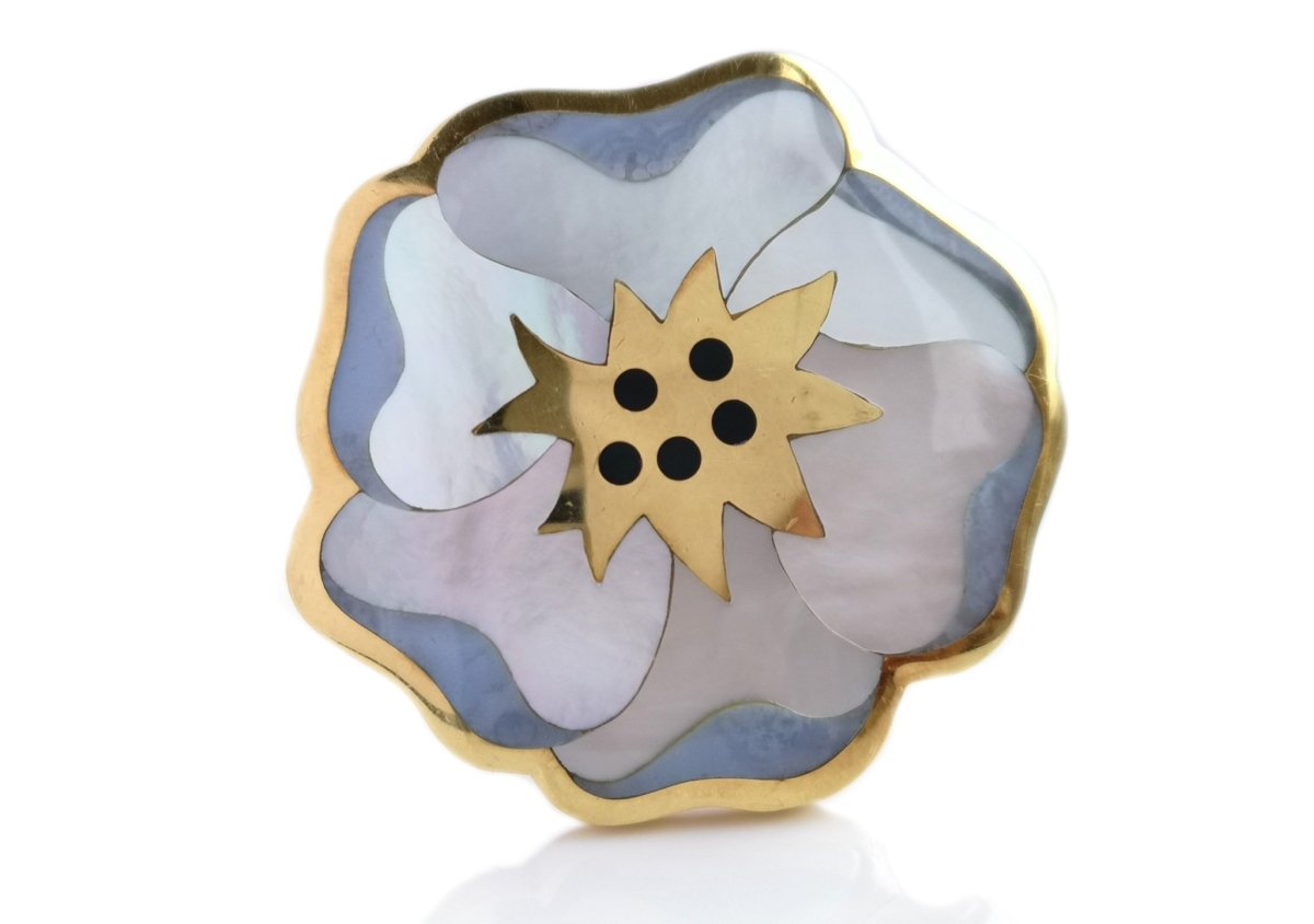 Vintage 1979 Tiffany & Co. Angela Cummings MOP, Onyx Pansy Brooch - Bloomsbury Manor Ltd