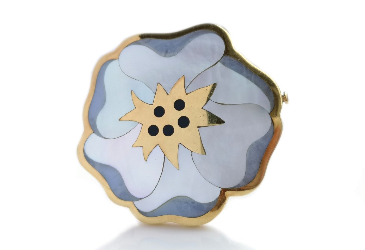 Vintage 1979 Tiffany & Co. Angela Cummings MOP, Onyx Pansy Brooch - Bloomsbury Manor Ltd