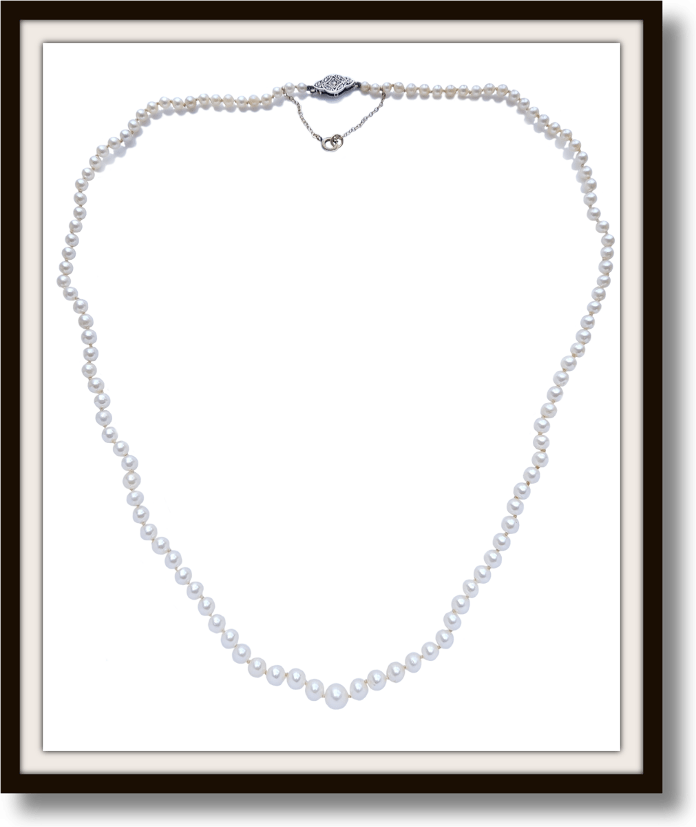Vintage 22in Cultured Graduated Knotted Pearl Necklace 6.54mm - 3.7mm rose cut diamond clasp - Bloomsbury Manor Ltd